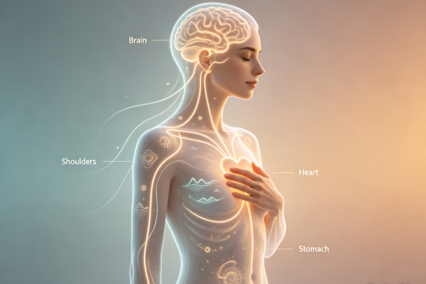 A symbolic illustration showing the body as a living journal, quietly recording emotional experiences that the mind has overlooked.