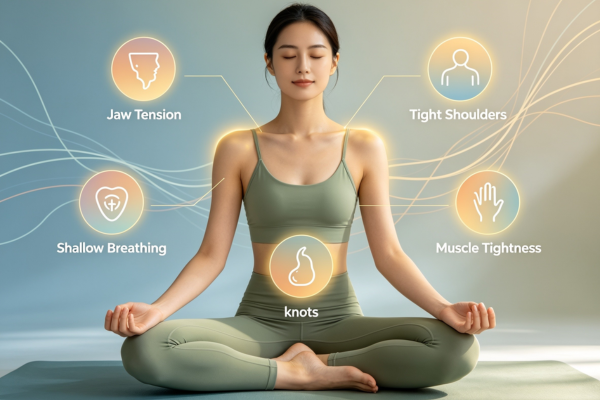 A clean, body-awareness infographic highlighting the five subtle physical signs of hidden stress that people often overlook.