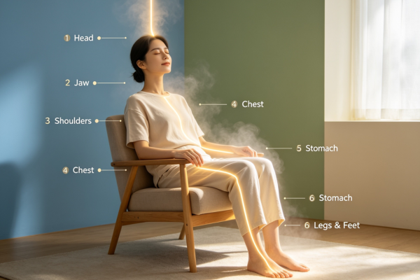 A peaceful step-by-step body scan showing a person gently bringing awareness from head to toe, releasing tension along the way.