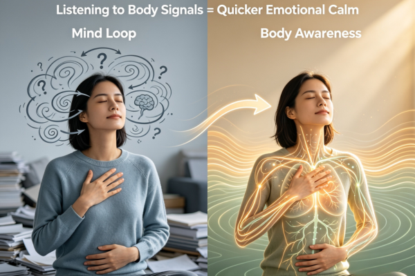 A visual comparison showing how listening to the body's signals creates a quicker path to emotional calm than staying trapped in racing thoughts.
