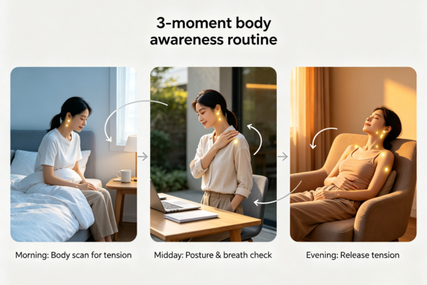 A simple, calming “3-moment body awareness routine” showing how to quickly check in with the body throughout the day.