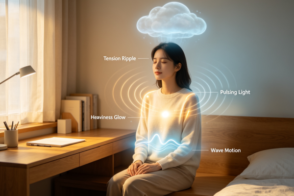 A gentle, emotional illustration of the body “sending signals” that the mind is finally beginning to notice.