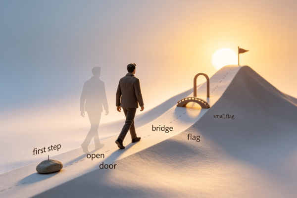 A person walking forward while fear walks beside them—not blocking them—illustrating that progress happens alongside fear, not after it disappears.