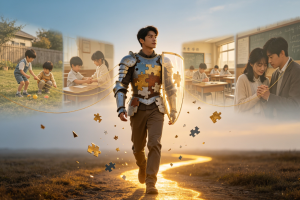 A person wearing symbolic emotional armor that was built from past experiences, then gently beginning to remove it as they move toward growth.