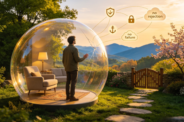 A person standing inside a transparent comfort-zone bubble that feels safe but quietly limits growth, illustrating the hidden rewards of staying stuck.
