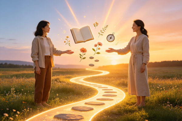 A symbolic meeting between your present self and your confident future self, connected by a glowing path that represents growth, possibility, and intentional change.