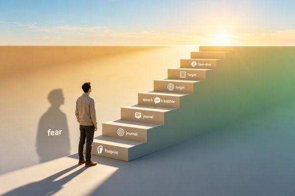 A staircase of small, achievable actions leading from fear to forward movement, emphasizing progress through consistent steps rather than one giant leap.