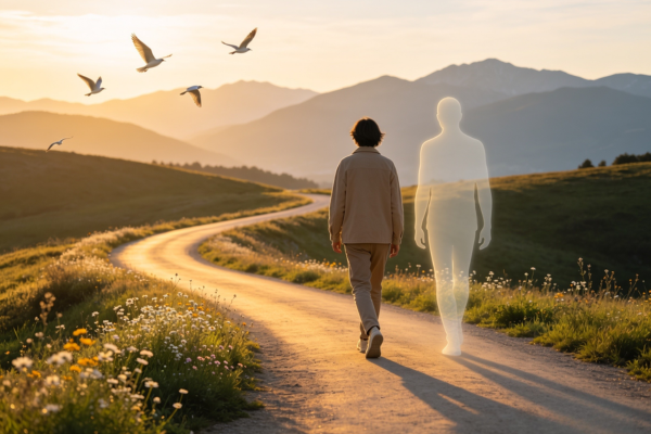 A person peacefully walking beside their symbolic fear instead of fighting it, illustrating that fear can become a guide rather than an enemy.