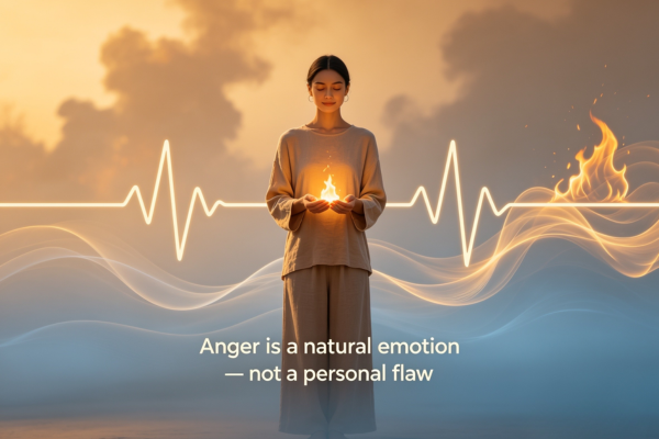A person calmly holding a glowing ember of anger instead of letting it become a wildfire, symbolizing that anger is a natural emotion—not a personal flaw. A person calmly holding a glowing ember of anger instead of letting it become a wildfire, symbolizing that anger is a natural emotion—not a personal flaw.