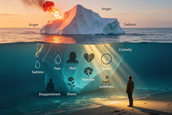 An iceberg metaphor showing anger above the surface while deeper emotions lie hidden beneath, illustrating that anger is often a protective emotion. An iceberg metaphor showing anger above the surface while deeper emotions lie hidden beneath, illustrating that anger is often a protective emotion.