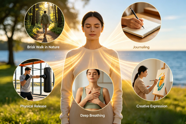 A balanced collage of healthy, physical, and emotional outlets that allow anger's energy to move through the body in constructive ways. A balanced collage of healthy, physical, and emotional outlets that allow anger's energy to move through the body in constructive ways.