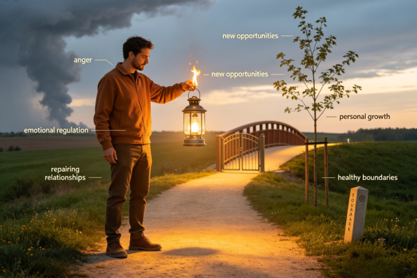 A person transforming a symbolic flame of anger into a lantern that lights the path toward meaningful action, showing that anger can become a catalyst for positive change. A person transforming a symbolic flame of anger into a lantern that lights the path toward meaningful action, showing that anger can become a catalyst for positive change.