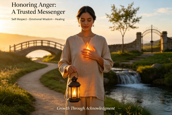A peaceful person honoring their anger as a trusted messenger rather than an enemy, symbolizing self-respect, emotional wisdom, and healing. A peaceful person honoring their anger as a trusted messenger rather than an enemy, symbolizing self-respect, emotional wisdom, and healing.