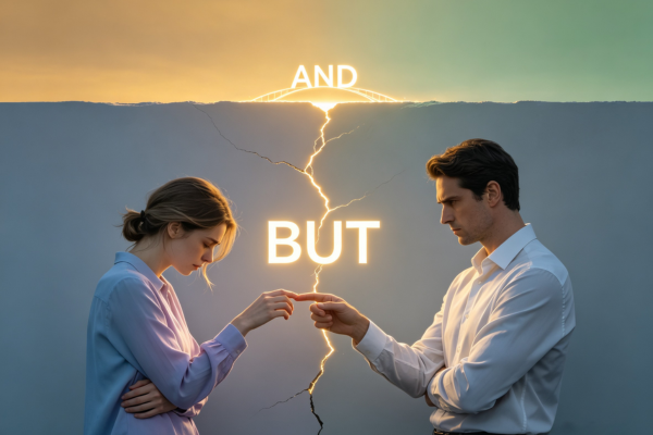 A symbolic illustration showing how the word "but" creates an internal split, while self-acceptance reunites the two sides. A symbolic illustration showing how the word "but" creates an internal split, while self-acceptance reunites the two sides.