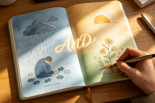 A split journal page where two seemingly opposite truths exist side by side, connected by a glowing "AND" instead of separated by conflict. A split journal page where two seemingly opposite truths exist side by side, connected by a glowing "AND" instead of separated by conflict.