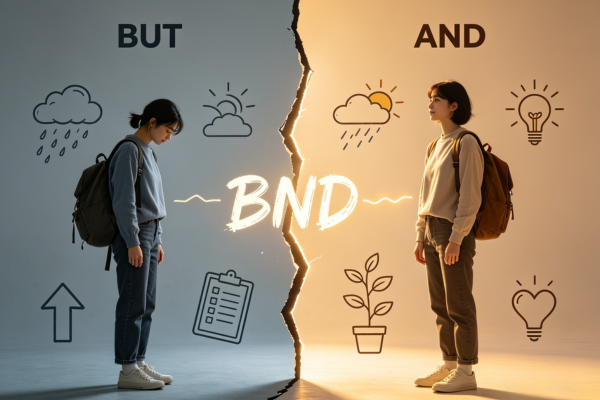 A split-screen comparison showing how one small word changes the entire emotional experience: "BUT" creates conflict, while "AND" creates integration. A split-screen comparison showing how one small word changes the entire emotional experience: "BUT" creates conflict, while "AND" creates integration.