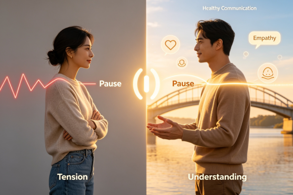 Two people transforming a tense conversation into a constructive dialogue by replacing opposition with understanding. Two people transforming a tense conversation into a constructive dialogue by replacing opposition with understanding.