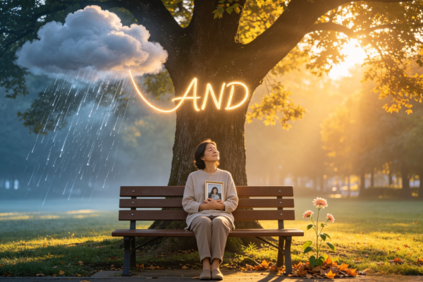 A person sitting quietly with both grief and hope beside them, illustrating that healing doesn't require choosing one emotion over the other. A person sitting quietly with both grief and hope beside them, illustrating that healing doesn't require choosing one emotion over the other.