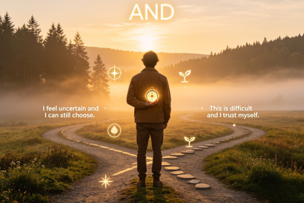 A person standing at a crossroads with a compass, embracing both uncertainty and confidence, illustrating that good decisions can include mixed emotions. A person standing at a crossroads with a compass, embracing both uncertainty and confidence, illustrating that good decisions can include mixed emotions.