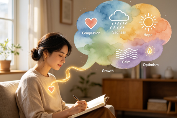 A person's everyday words transforming into a colorful spectrum of emotions, illustrating how language shapes emotional awareness and nuance. A person's everyday words transforming into a colorful spectrum of emotions, illustrating how language shapes emotional awareness and nuance.