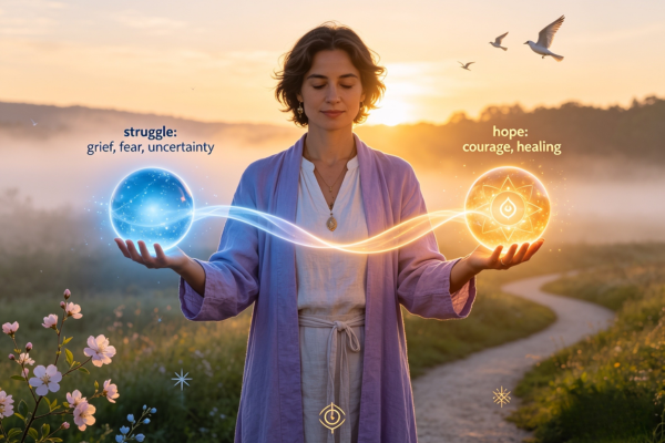 A person holding two glowing orbs—one representing struggle and one representing hope—showing that both can be carried at the same time. A person holding two glowing orbs—one representing struggle and one representing hope—showing that both can be carried at the same time.