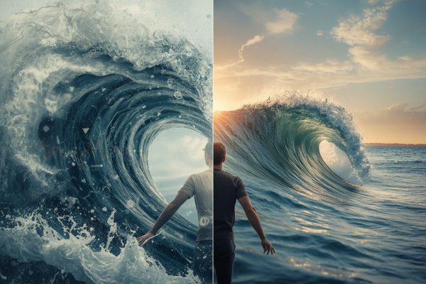 A person struggling against a powerful wave that becomes calmer the moment they stop resisting and begin floating, symbolizing how accepting panic reduces its intensity.