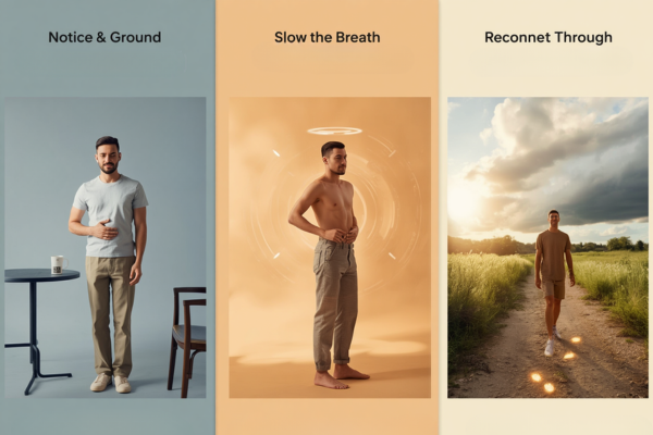 A person using a simple three-step grounding sequence as panic transforms into calm, showing the journey from overwhelm to regulation.