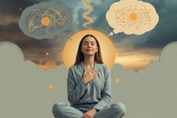 A person calming their inner dialogue by replacing fearful thoughts with reassuring, truthful statements that illuminate the mind.