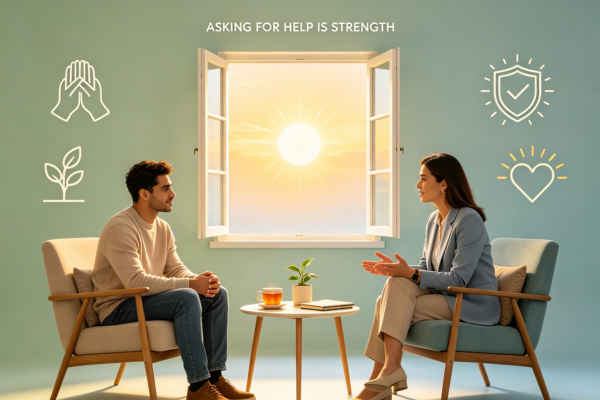 A compassionate scene of a person reaching out for professional support, with a clear message that asking for help is a sign of strength, not weakness.