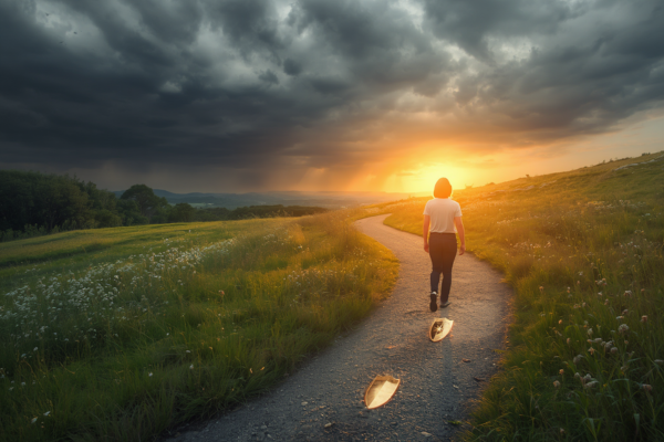 A person walking confidently out of a fading storm and into warm sunlight, symbolizing that panic is temporary and healing is possible.