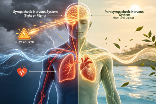 A split-view illustration showing the nervous system switching from "fight-or-flight" to "rest-and-digest" through conscious breathing.