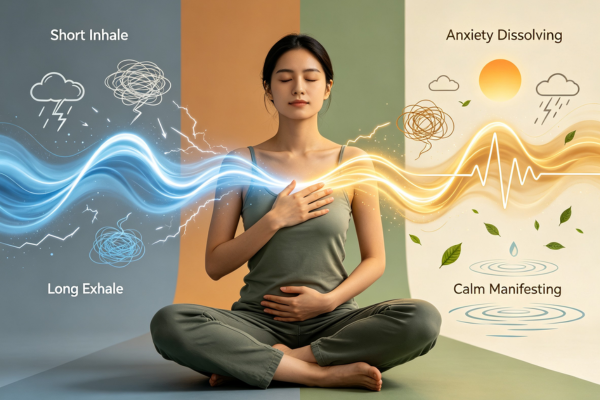A calm individual sits comfortably in a relaxed posture with one hand on the chest and the other on the abdomen.