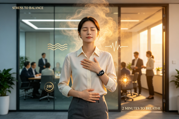 A professional taking two quiet minutes to breathe before a stressful meeting, showing how a simple breathing technique can change the course of the day.