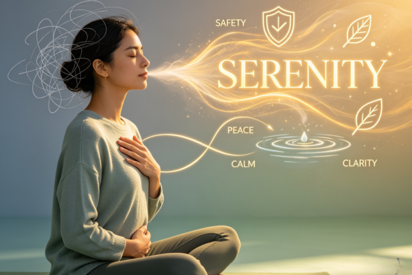 A person pairing slow breathing with a single calming word that gradually becomes a symbol of safety and emotional balance.