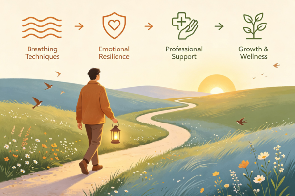 A balanced path with gentle signposts, showing that breathing techniques are powerful tools—but they're part of a broader journey toward mental wellness.