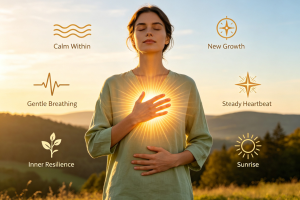 A person discovering that calm has been within them all along, symbolized by a gentle light glowing from the heart through every breath.