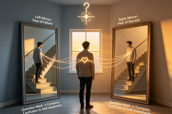 A person standing before two mirrors—one labeled by symbolism as failure and the other as success—only to realize both reflections are connected by the same underlying fear.