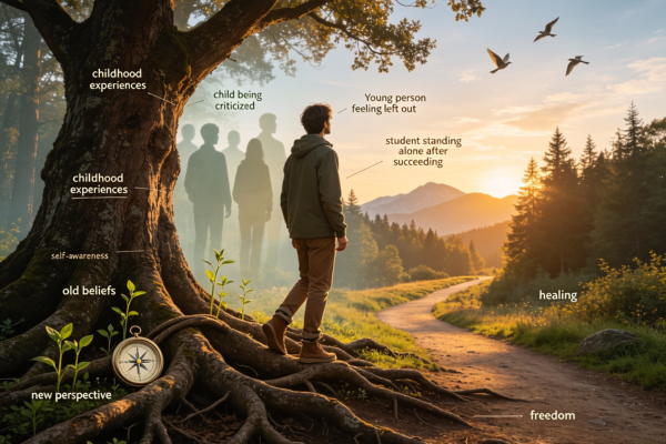 A person walking through a forest where old roots gently wrap around their feet, while a sunlit path ahead symbolizes breaking free from outdated protective patterns.