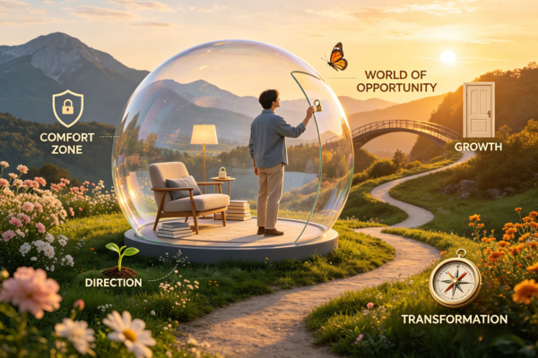 A person standing inside a comfortable glass bubble while a vibrant world of opportunity waits just outside, symbolizing the hidden comfort of staying stuck.