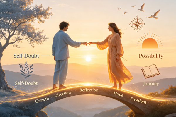 A person meeting their future self across a glowing bridge, symbolizing the journey from self-doubt to possibility.