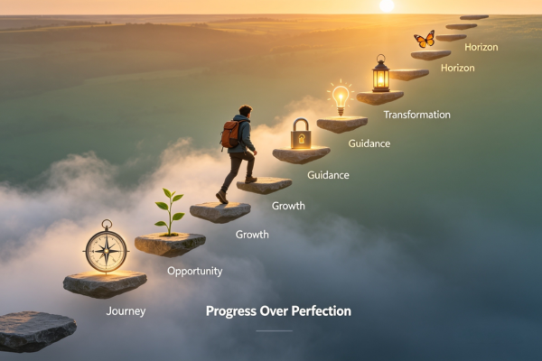 A person climbing a staircase made of small stepping stones, with each step illuminated to symbolize progress over perfection.