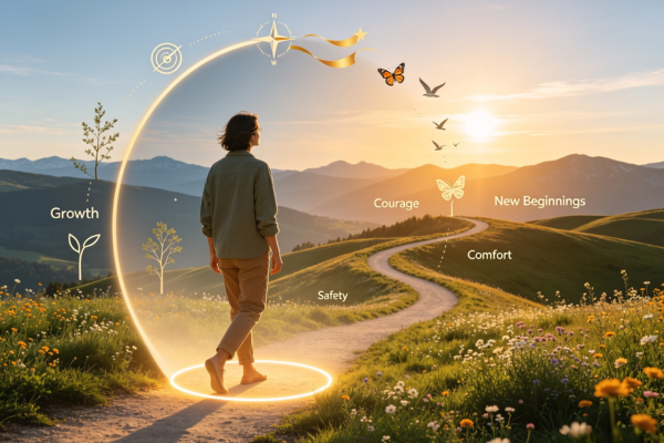 A person stepping beyond a protective circle into a sunrise, symbolizing the courage to choose growth over the comfort of staying safe.