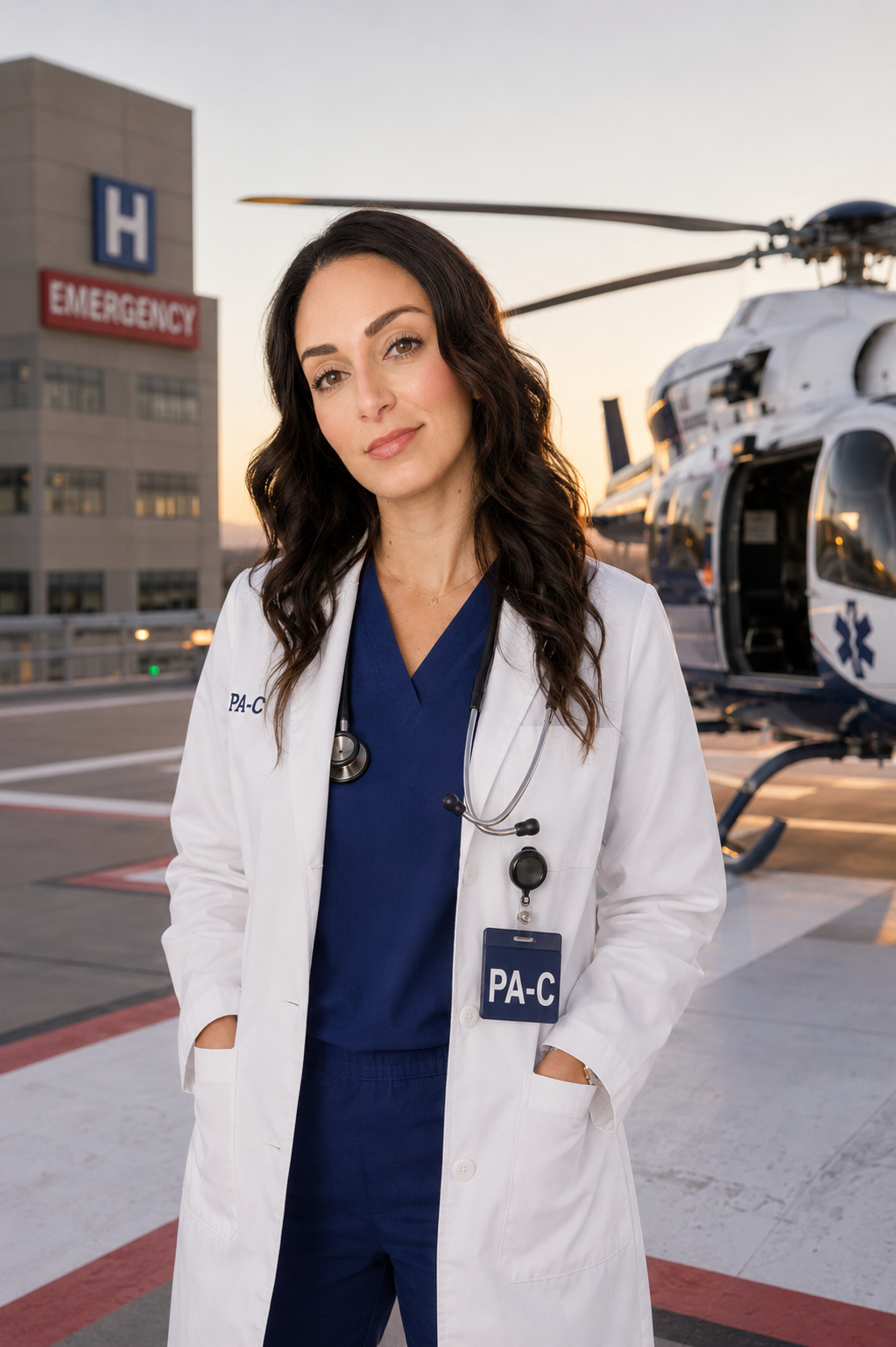 Chloe Pappas, PA-C, on the emergency department helipad