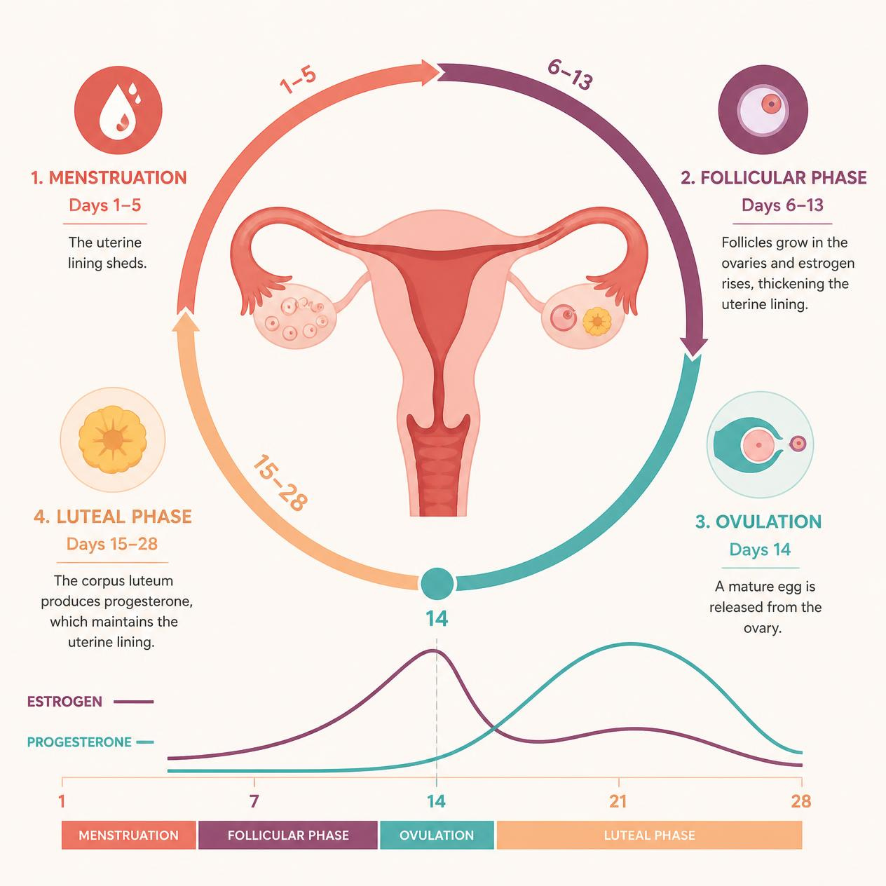 Diagram of estrogen, progesterone, and hormone cycle changes during perimenopause and menopause