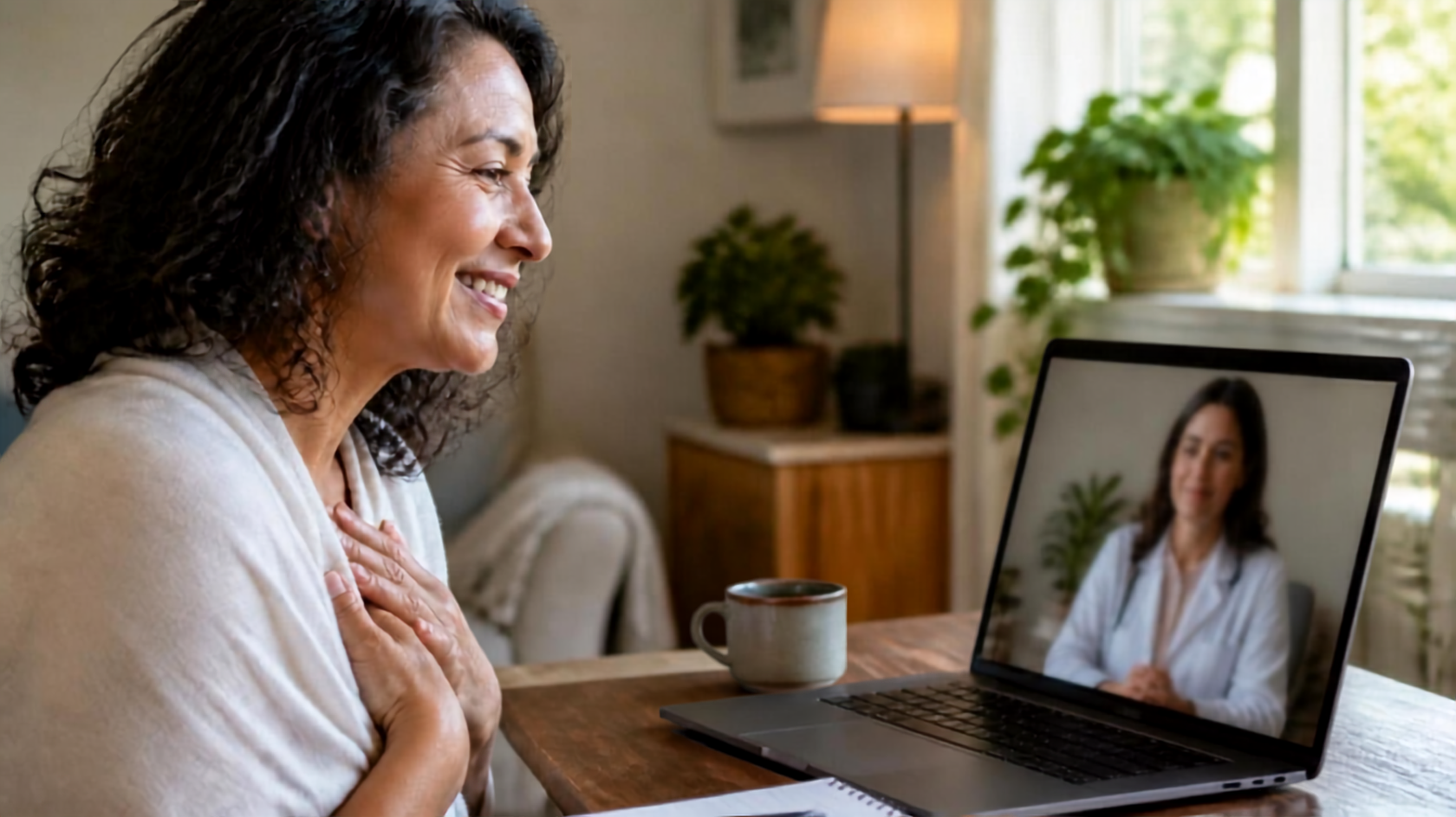 Woman meeting with her functional medicine provider via telehealth for menopause care