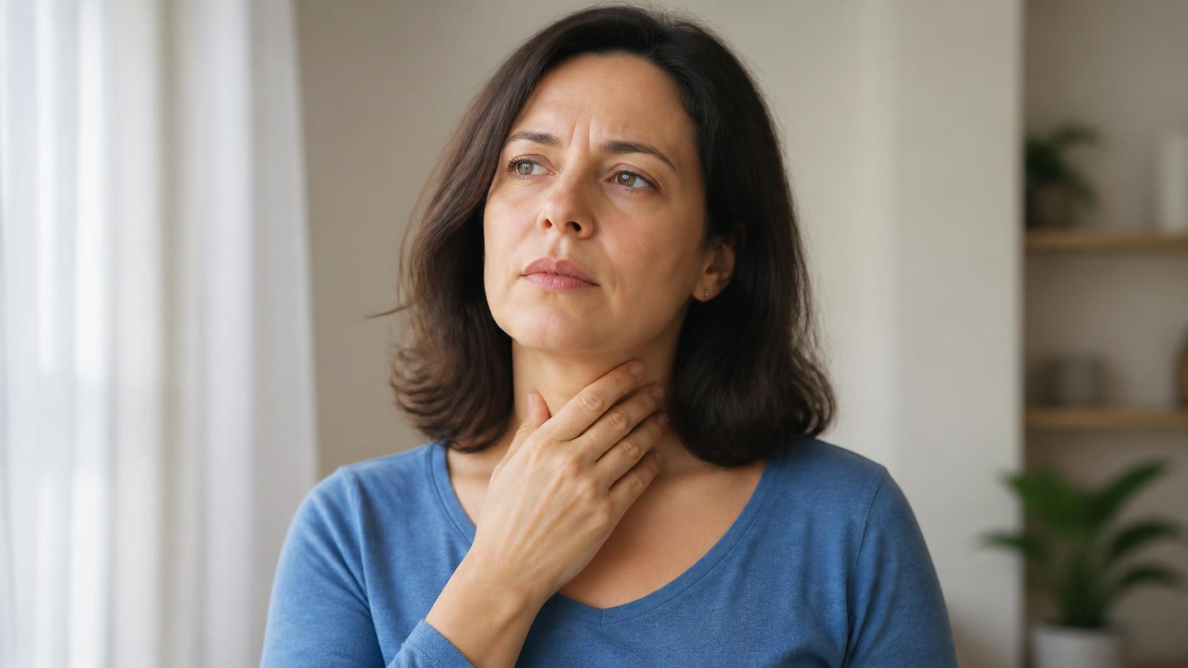 Woman touching her neck with concern, suspecting a thyroid issue