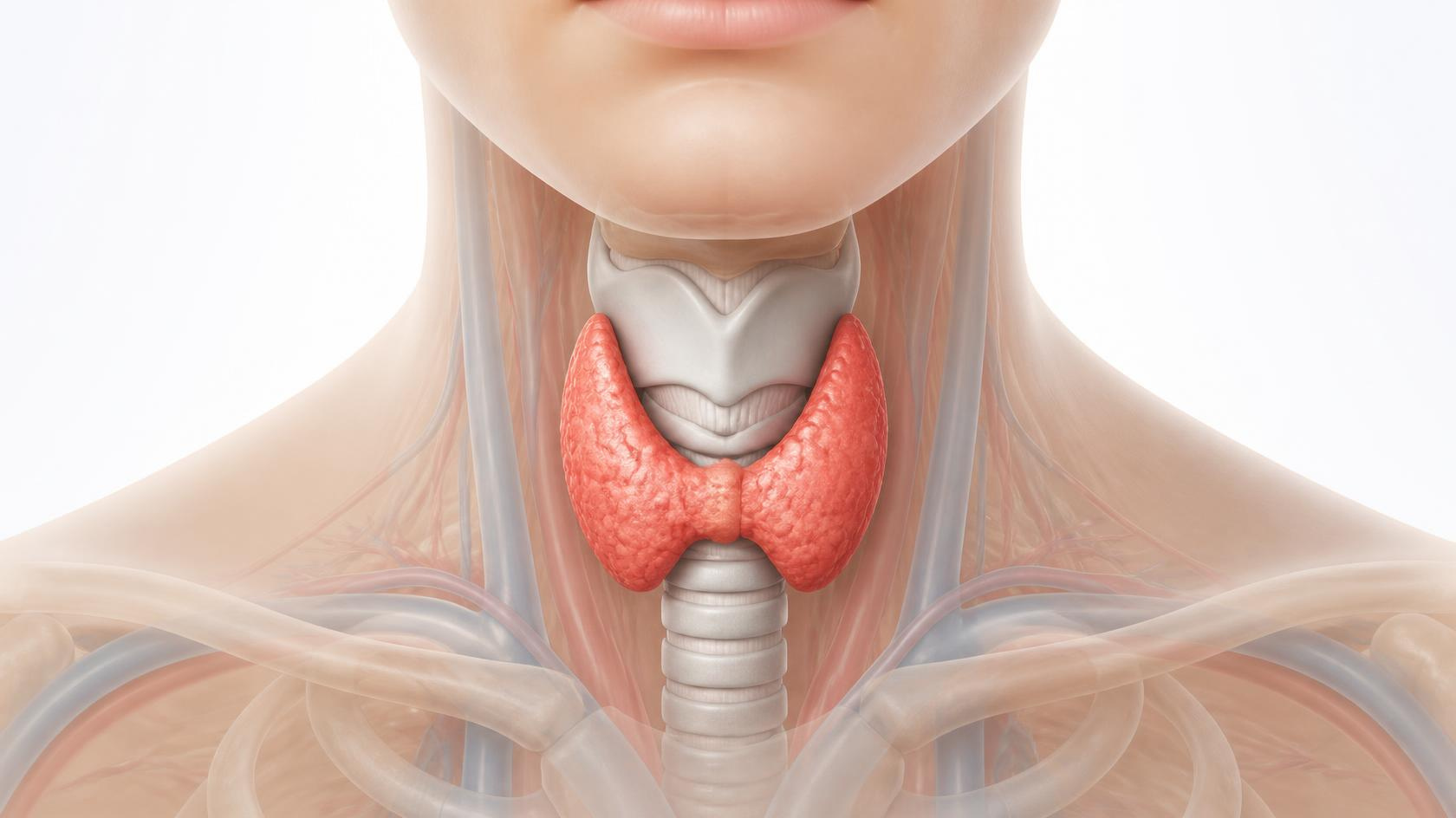 Anatomy of the thyroid gland, showing the butterfly-shaped organ at the base of the neck