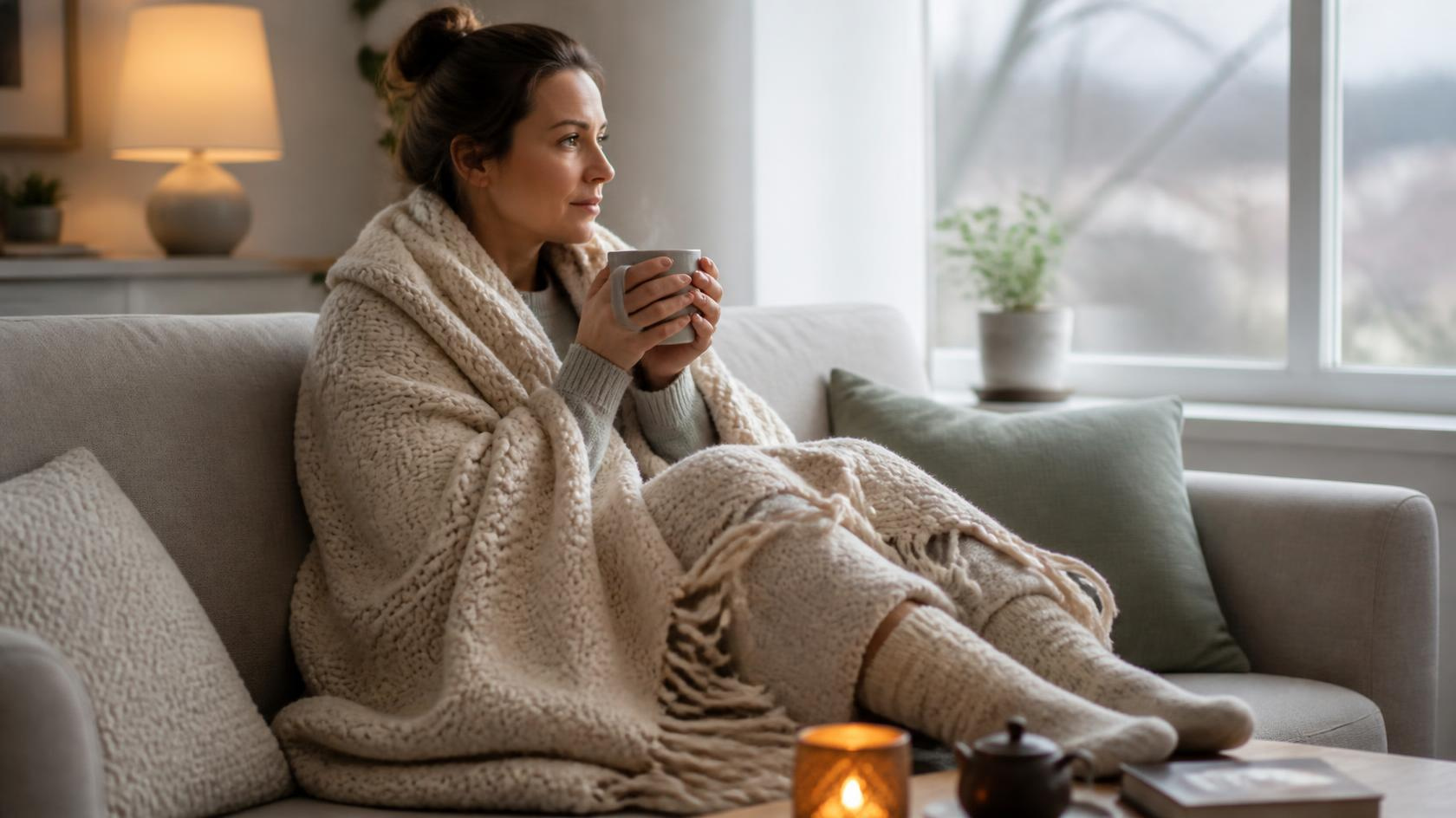 Woman wrapped in blankets experiencing cold intolerance, a common symptom of hypothyroidism