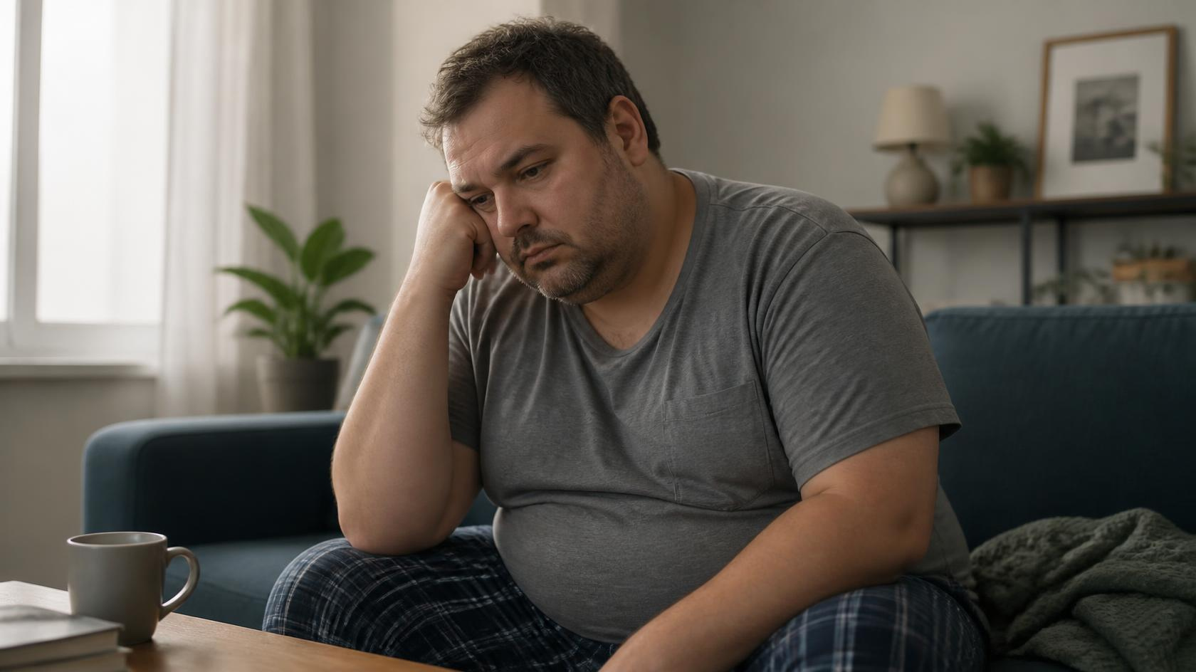 Man in his 40s frustrated with weight gain and fatigue driven by undiagnosed thyroid dysfunction