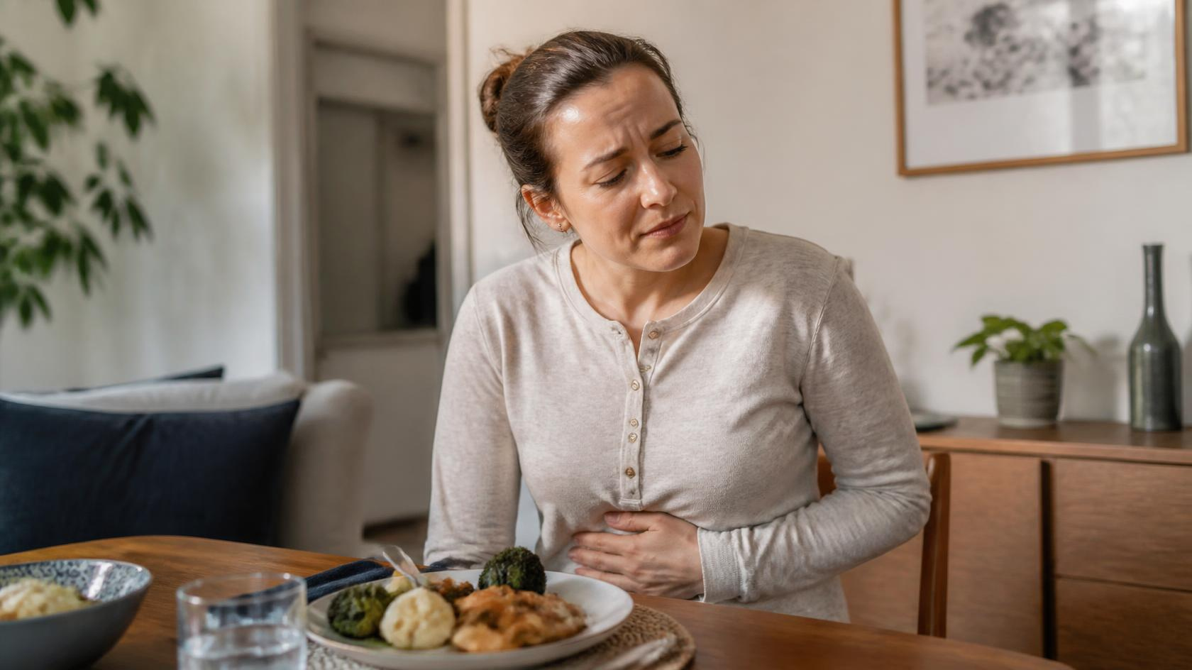 Person experiencing digestive discomfort and bloating after eating a meal